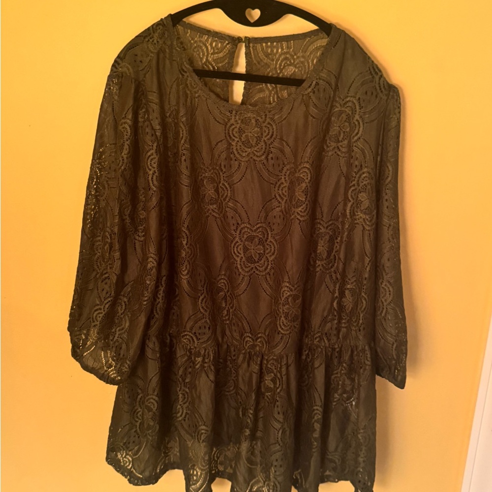 Chic Floral Lace Blouse - Dark Olive